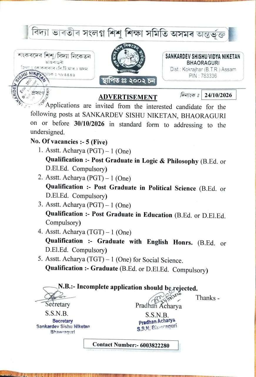 Assam Jobs 26 October 2026 – Latest Private, Contractual, Part-Time & Full-Time Job Vacancies in Guwahati & Assam