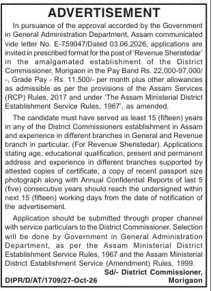 Morigaon DC Office Revenue Sheristedar Recruitment 2026 – Apply Within 15 Working Days